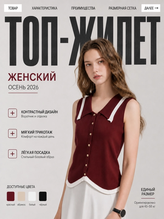 Ayollar uchun kuzgi trikotaj top-jilet, yengsiz, tugmali, kontrast yoqali - 