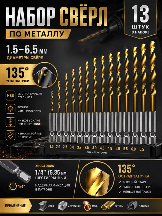 Набор сверл по металлу HSS с шестигранным хвостовиком 1/4"  13 предметов, 1.5–6.5 мм - 