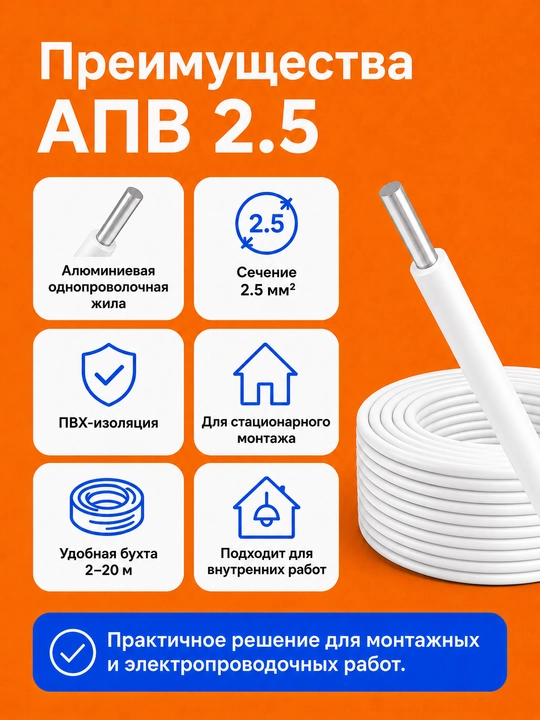 Kuch simi APV 1×2,5 mm² o‘lchamli alyuminiy bir simli, oq, 2-20 m