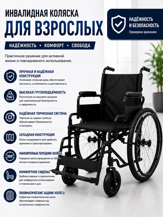 Коляска инвалидная взрослая, с сиденьем, предназначенная для прогулки - 