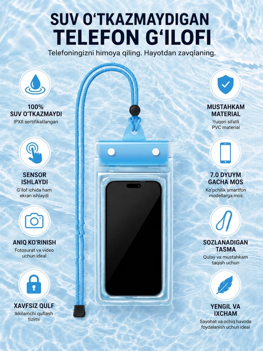 Telefon uchun IPX8 suv o'tkazmaydigan universal g'ilof (30 metrgacha) - 