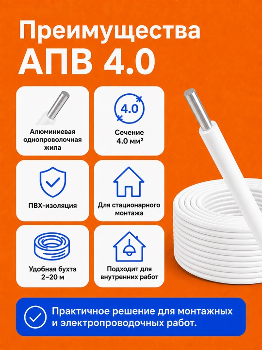 Kuch simi APV 1×4.0 mm² o‘lchamli alyuminiy bir simli, oq, 2-20 m