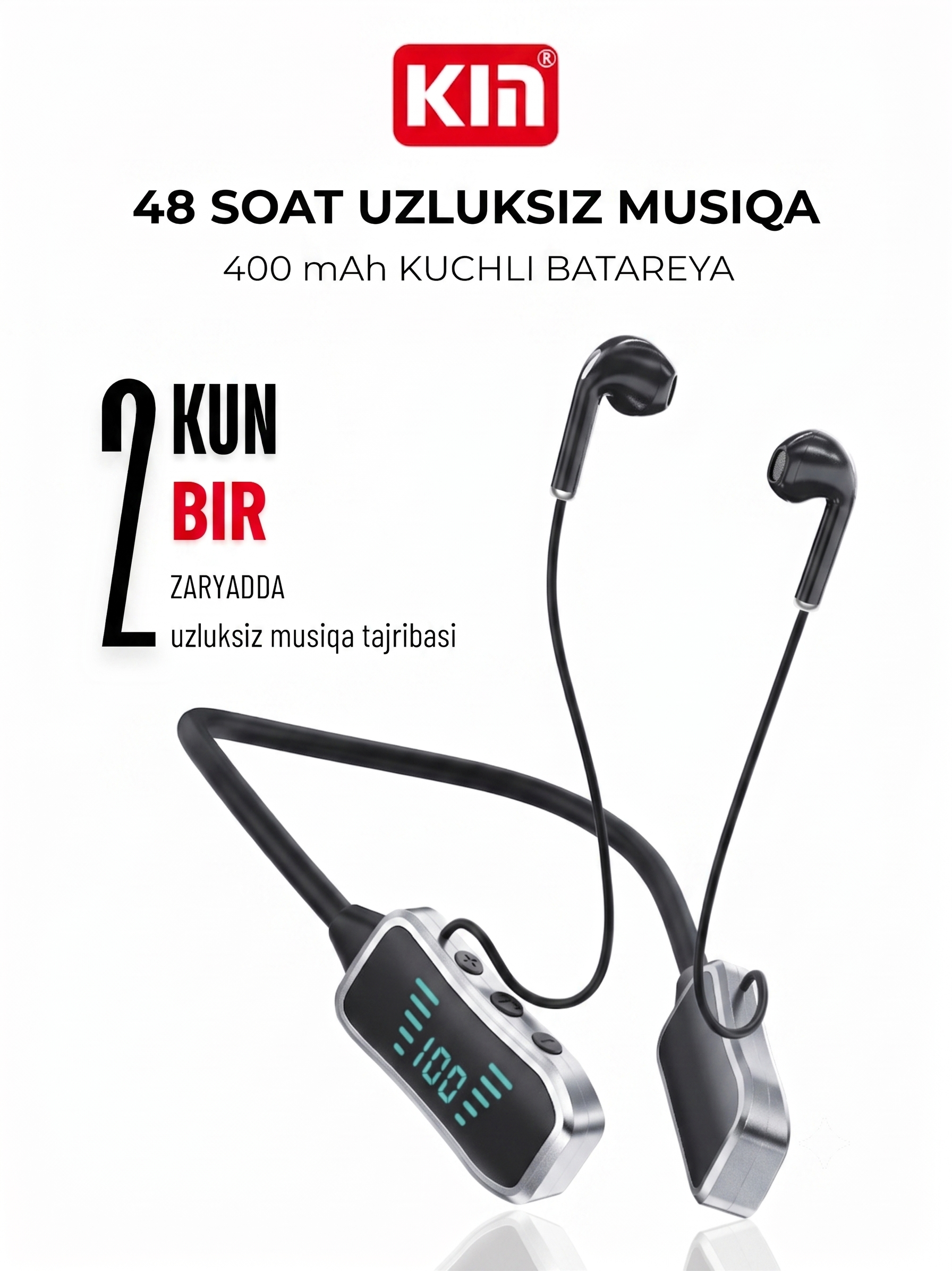 Simsiz quloqchin KIN KL50/118 Bluetooth 5.4, LED displey, 400 mAh batareya, TF-karta - 