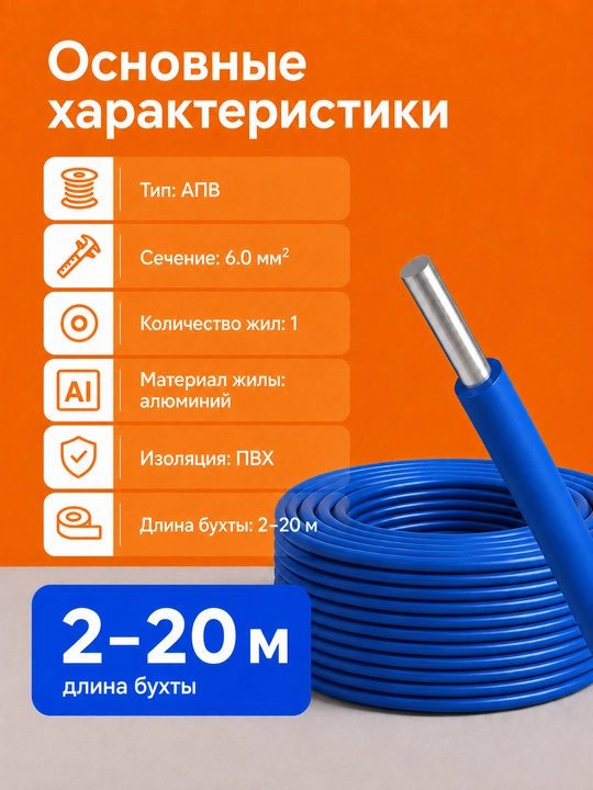 Kuch simi APV 1×6.0 mm² o‘lchamli alyuminiy bir simli, ko'k, 2-20 m