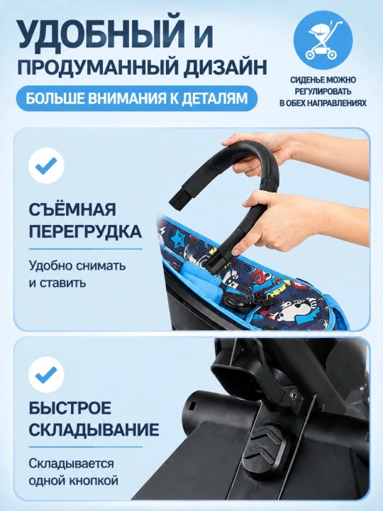 Детская коляска 4 колеса, сиденье 360°, складная, амортизация