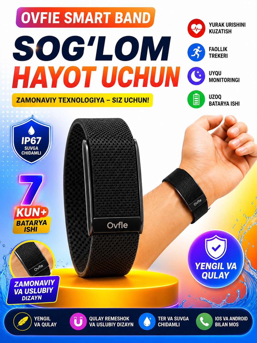 Ovfle Zonix WP-1 aqlli bilaguzugi, yurak urishi va SpO₂ o‘lchoviga ega fitnes-treker