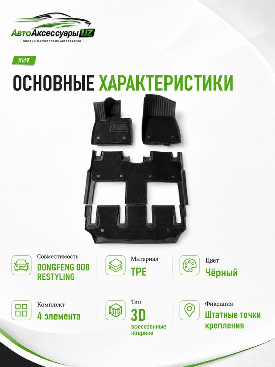Dongfeng 008 Restyling uchun 3D TPE salon gilamchalari, 4 qism, qora