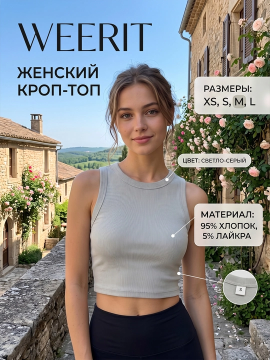 Женский кроп-топ WEERIT Basic, хлопок с лайкрой, размеры XS–L - 