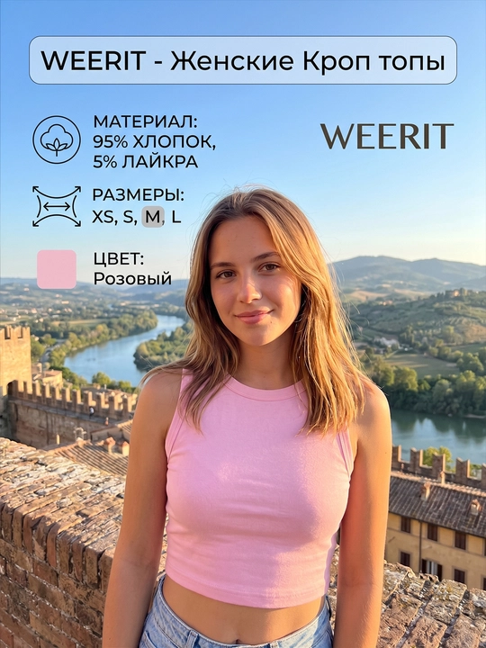 Женский кроп-топ WEERIT Basic, хлопок с лайкрой, размеры XS–L - 