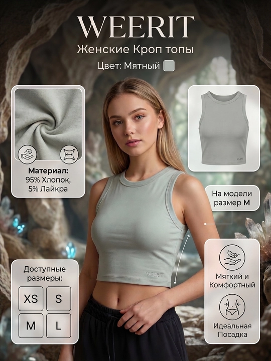 Женский кроп-топ WEERIT Basic, хлопок с лайкрой, размеры XS–L - 