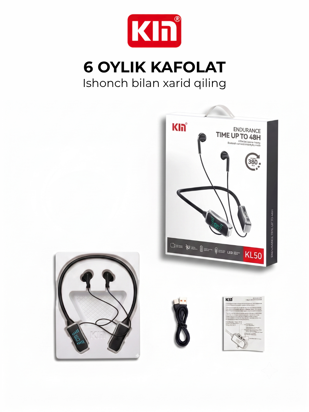 Simsiz quloqchin KIN KL50/118 Bluetooth 5.4, LED displey, 400 mAh batareya, TF-karta