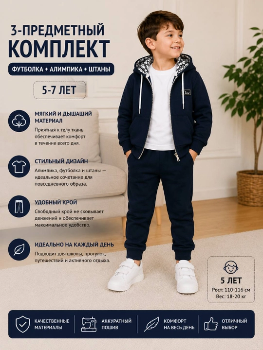 Спортивный костюм-тройка для мальчиков с капюшоном, комплект 5–7 лет