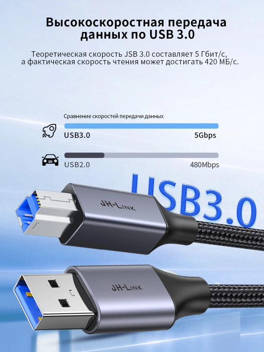 USB 3.0 кабель Type-B для принтера 5Gbps плетеный