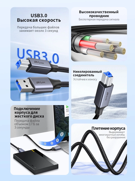 USB 3.0 кабель Type-B для принтера 5Gbps плетеный