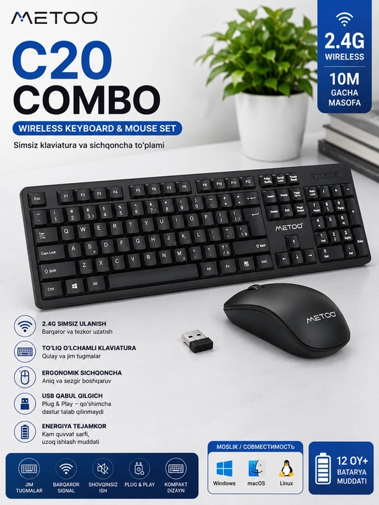 Uy va ofis uchun simsiz klaviatura va sichqoncha to‘plami - 