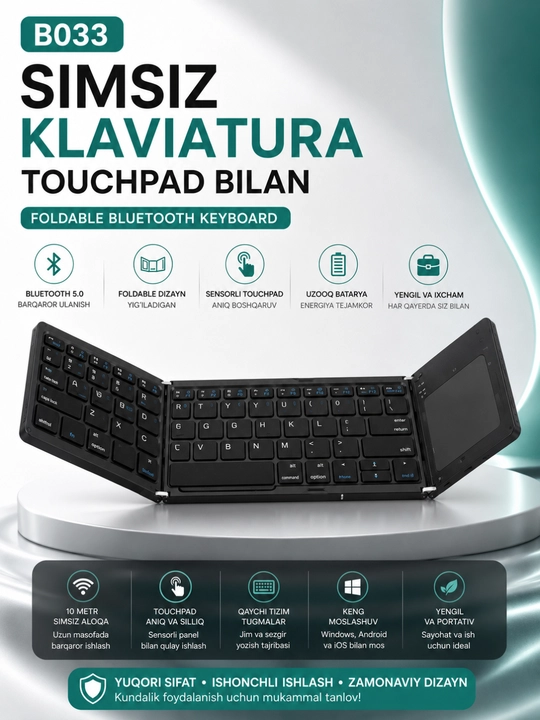B033 Yig'iladigan Bluetooth Klaviatura Touchpad bilan, Android, iOS, Windows uchun - 