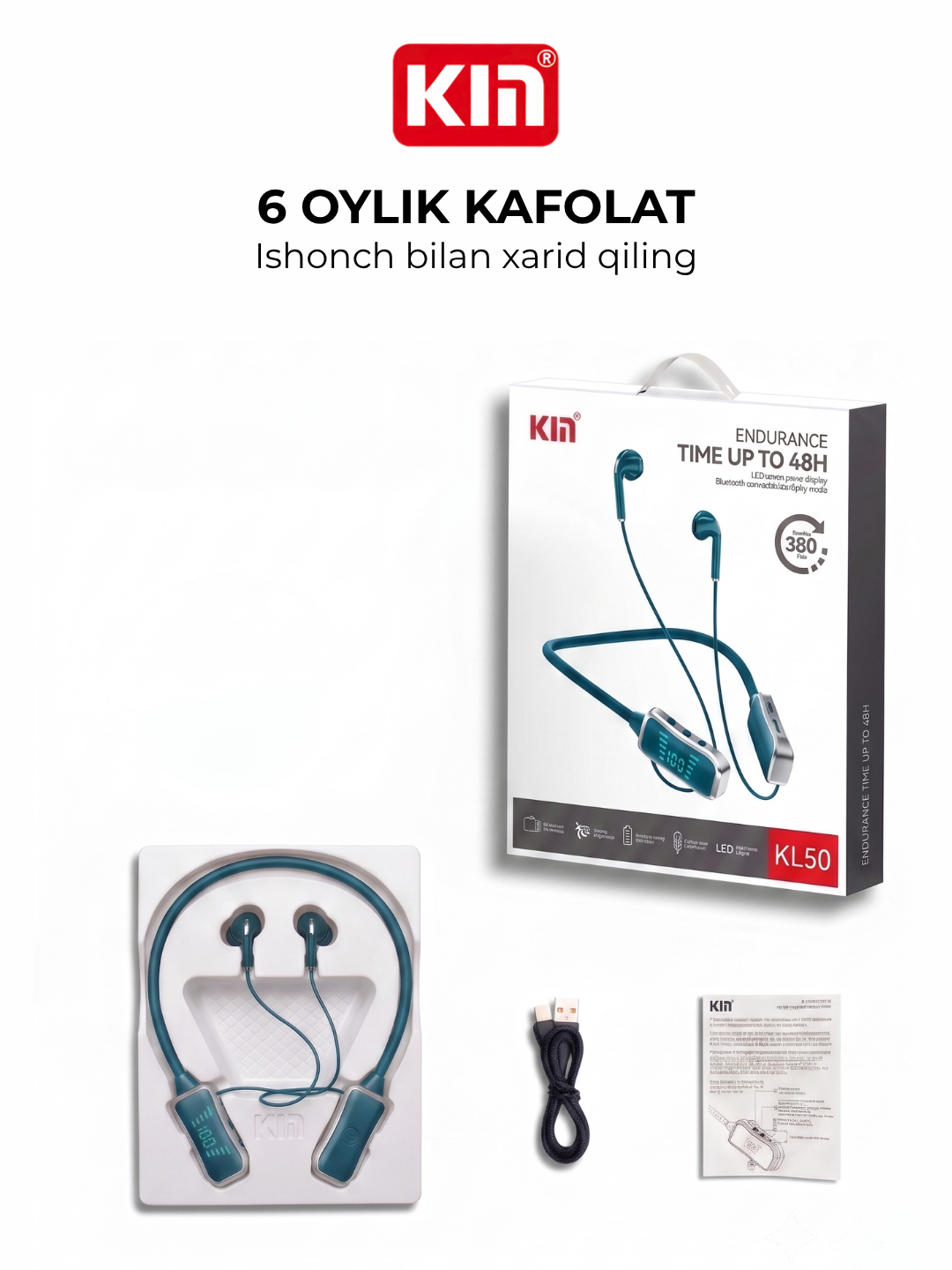 Simsiz quloqchin KIN KL50/118 Bluetooth 5.4, LED displey, 400 mAh batareya, TF-karta