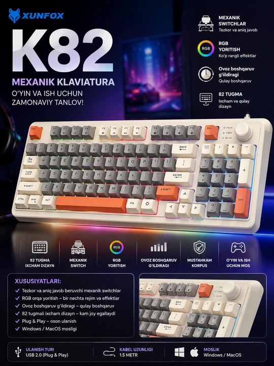 O‘yin RGB klaviaturasi - Uslub va yuqori unumdorlik - 