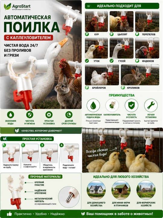 O'rdak, g'oz, quyon, tovuq va bedanalar uchun avtomatik suv ichirgich, 1 dona