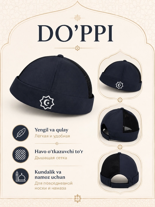 Do'ppi erkaklar uchun yengil va nafas oluvchi, namoz va kundalik uchun islomiy bosh kiyim