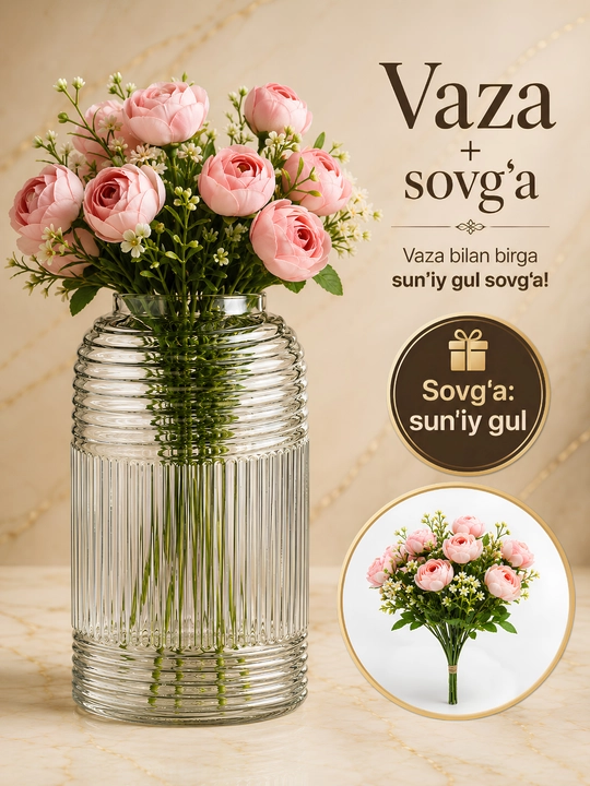 Shisha vaza gullar uchun, shaffof, dekorativ, turli dizaynli, uy va ofis uchun, PISHGAMAN
