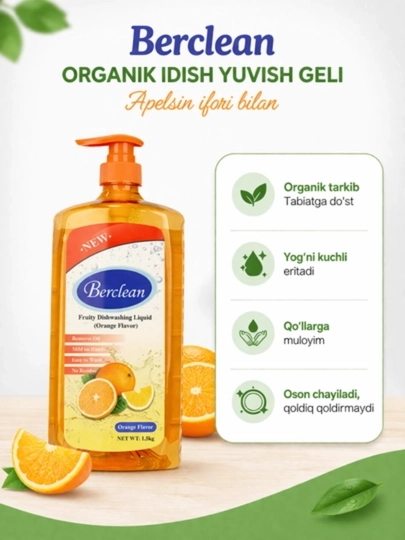 Organik idish yuvish geli Berclean Apelsin ifori bilan 1.5 kg - 