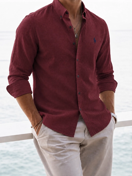 Мужская рубашка поло, летняя, унисекс, из льна — дышащая, лёгкая, базовая - 
