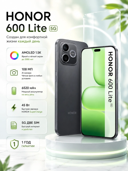 Смартфон HONOR 600 Lite 5G, AMOLED-экран 1.5K, 6520мАч 45Вт, 108МП камера с AI, гарантия 1 год - 