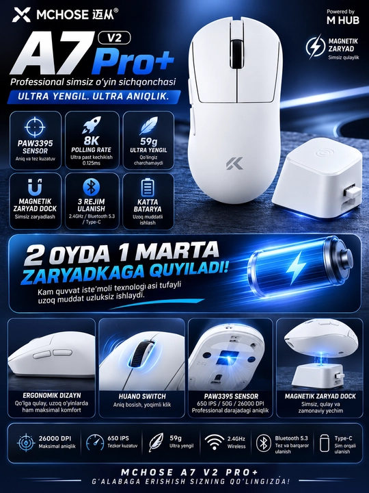 Simsiz o'yin sichqonchasi Mchose A7 V2 Pro+