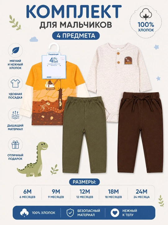 O'g'il bolalar va qizlar uchun 4 ta 1 da to'plam, 100% paxta longsliv, bodi va 2 ta shim - 