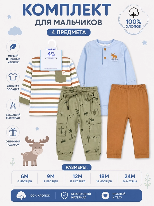 O'g'il bolalar va qizlar uchun 4 ta 1 da to'plam, 100% paxta longsliv, bodi va 2 ta shim - 
