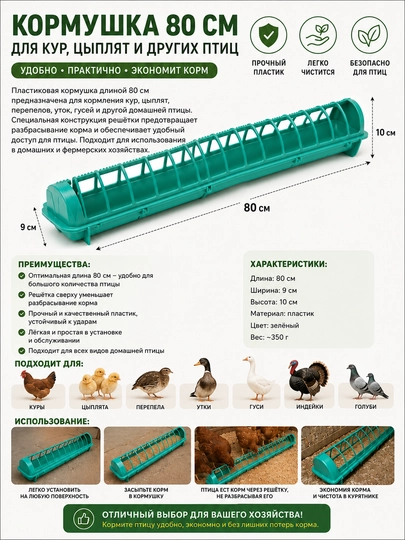 Кормушка для кур, цыплят, перепелов, уток, гусей и домашней птицы 80 см, 1 шт - 