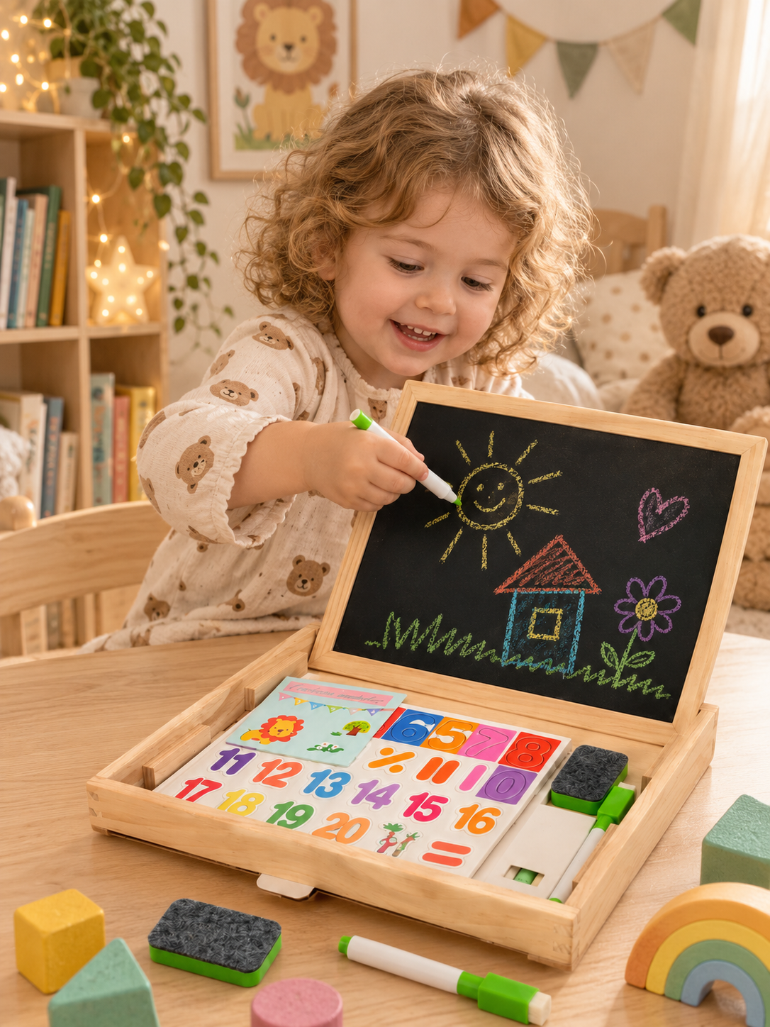 Ikki tomonlama magnitli doska KidsPlay SmartBoard 2in1 magnitli shakllar va raqamlar bilan