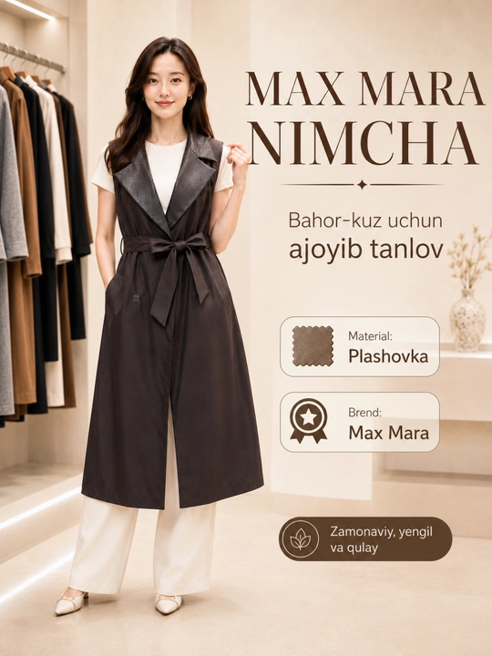 Ayollar uchun uzun jilet-trench, yengsiz, belbog‘li, jigarrang klassik model - 