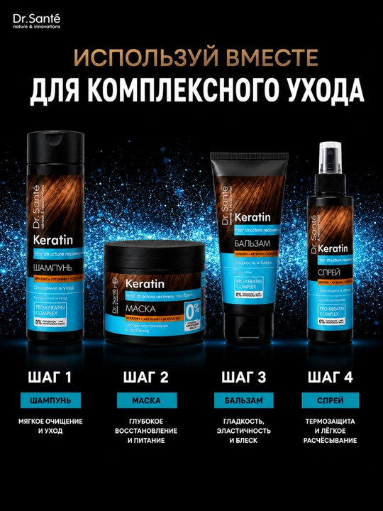 Шампунь, Keratin для тусклых и ломких волос, Dr.Sante, 1000 мл