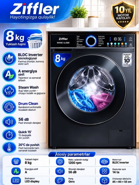 Ziffler BWME-8J4BB, 8 kg, BLDC Inverter, Steam Wash, 1200 ayl/min, LED displey - 