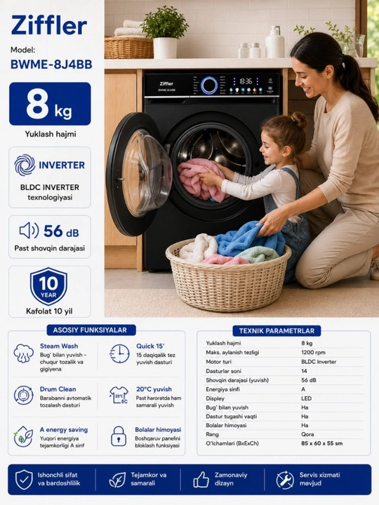 Ziffler BWME-8J4BB, 8 kg, BLDC Inverter, Steam Wash, 1200 ayl/min, LED displey