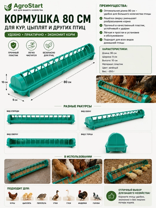 Кормушка для кур, цыплят, перепелов, уток, гусей и домашней птицы 80 см, 1 шт