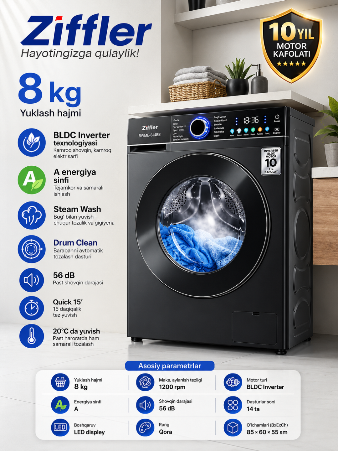 Ziffler BWME-8J4BB, 8 kg, BLDC Inverter, Steam Wash, 1200 ayl/min, LED displey