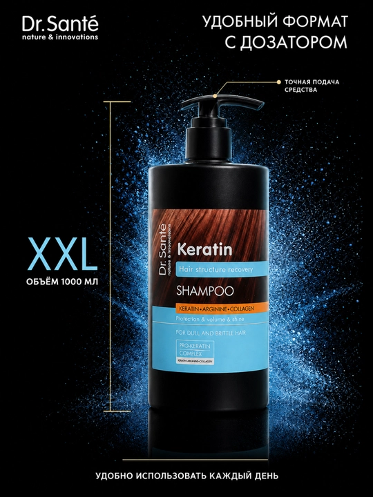 Шампунь, Keratin для тусклых и ломких волос, Dr.Sante, 1000 мл