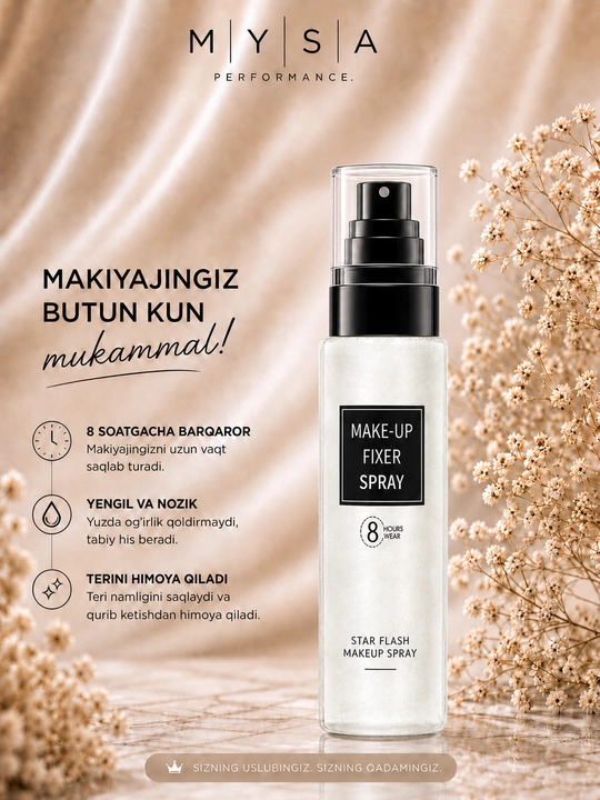 Makiyaj fiksator - spreyi, namlaydi, oziqlantiradi, yengil formula - 