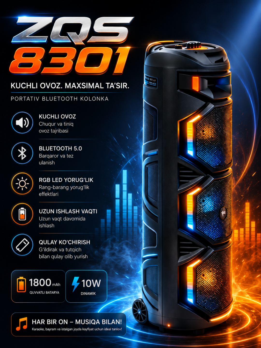 Ko‘p funksiyali Bluetooth karaoke kolonkasi RGB LED, simsiz mikrofon va pult bilan - 