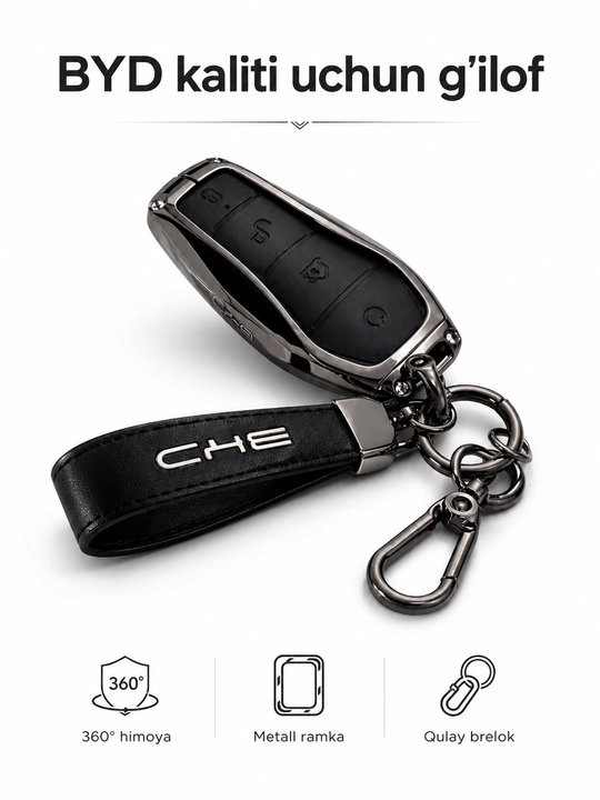 BYD kalit g‘ilofi metall ramkali 360° himoya charm chixol brelok bilan