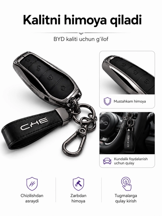 BYD kalit g‘ilofi metall ramkali 360° himoya charm chixol brelok bilan