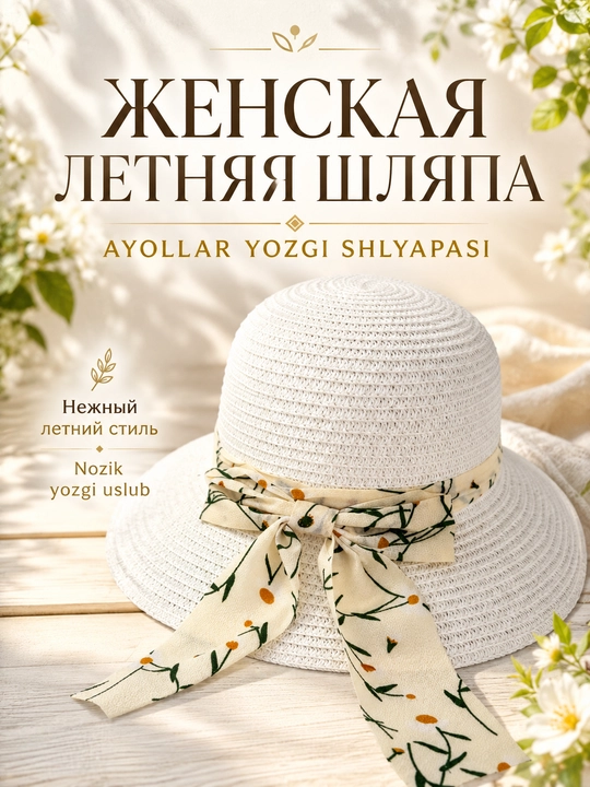Ayollar yozgi shlyapasi, keng hoshiyali va lentali, quyoshdan saqlovchi - 