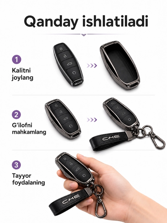 BYD kalit g‘ilofi metall ramkali 360° himoya charm chixol brelok bilan