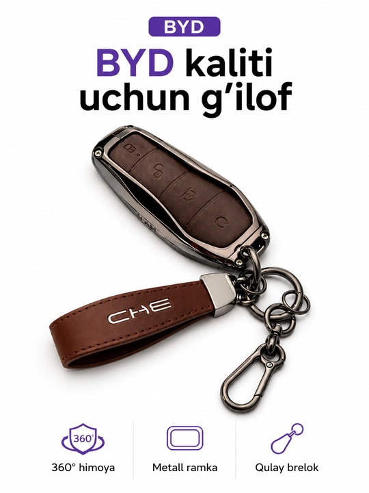 BYD kalit g‘ilofi metall ramkali 360° himoya charm chixol brelok bilan