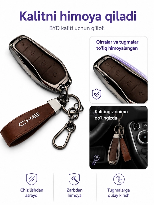 BYD kalit g‘ilofi metall ramkali 360° himoya charm chixol brelok bilan