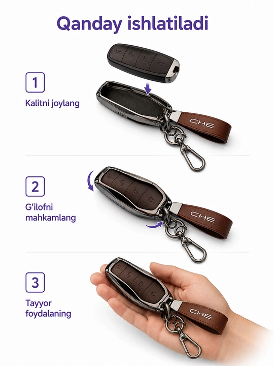 BYD kalit g‘ilofi metall ramkali 360° himoya charm chixol brelok bilan