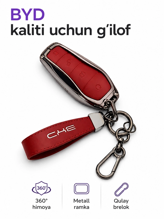 BYD kalit g‘ilofi metall ramkali 360° himoya charm chixol brelok bilan
